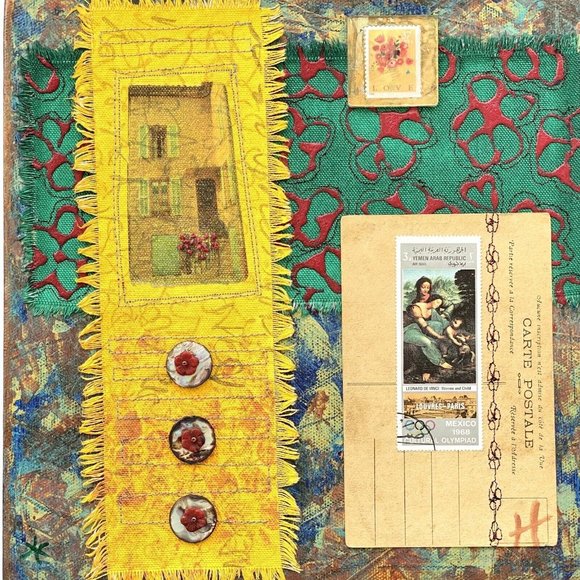 Red Flower Fantasy- Original Art Mixed Media Collage Signed Painting 10”x10”